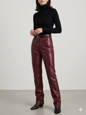 Vintage Genuine Leather High Waisted Pants In Burgundy